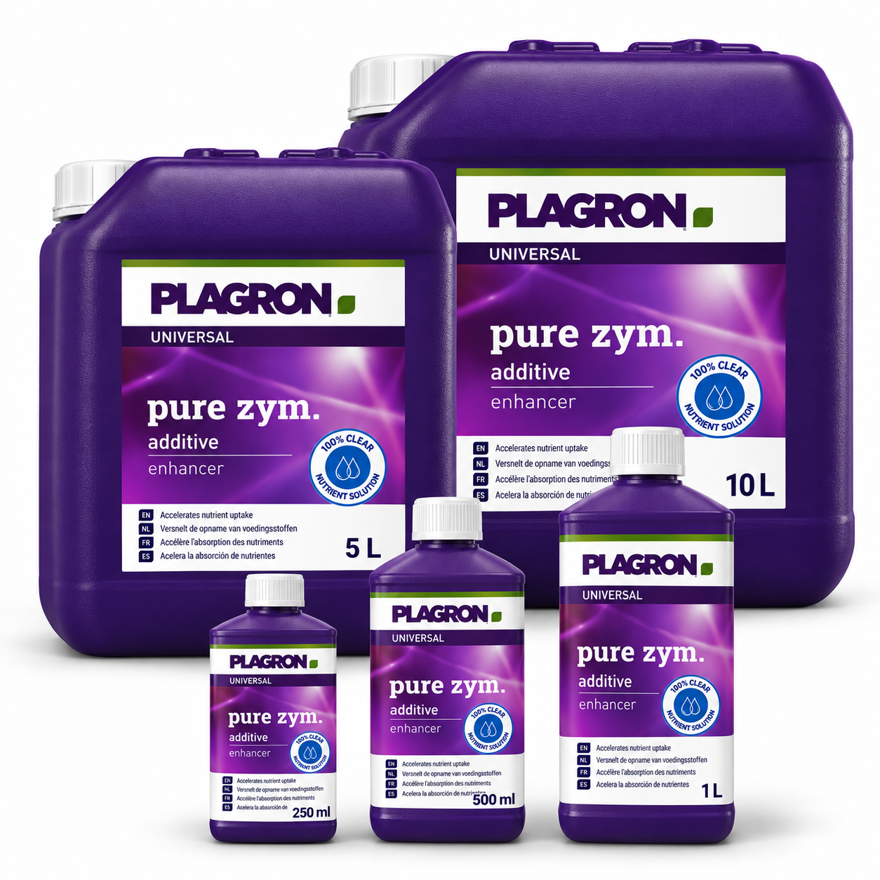 Plagron Pure Zym enzyme additive family range in 250ml, 500ml, 1L, 5L and 10L sizes